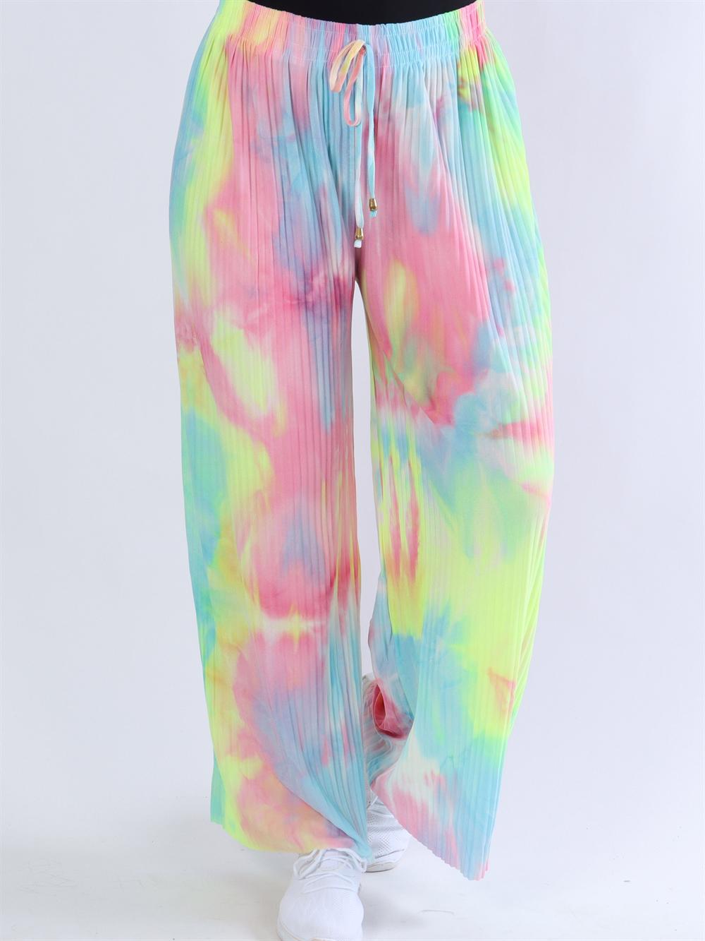 Mikkeline - Plisseret bukser i army, rosa og lilla nuancer